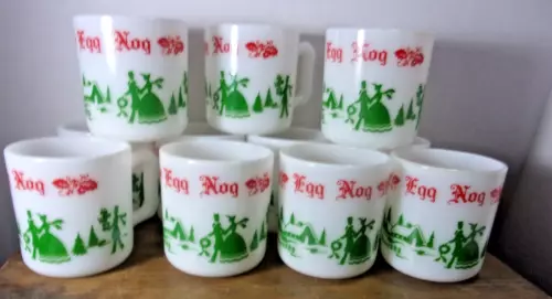 11 Hazel Atlas Milk Glass Egg Nog Mugs -Carriage Scene Christmas 1 Chipped