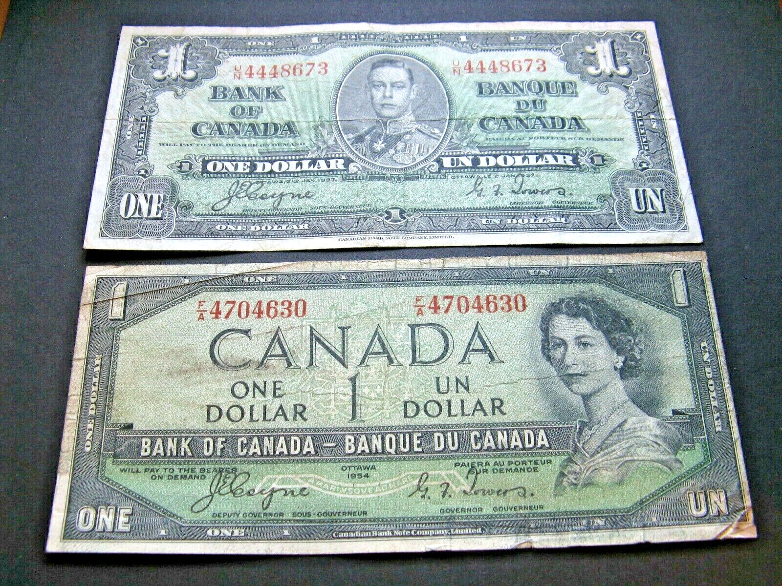1937 and 1954, Lot of 2 Canadian Banknotes, 2 x $1 (Coyne - Towers)  