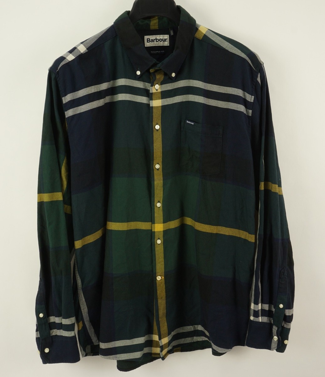 Barbour Dunoon Tailored Fit Twill Green Blue Tartan Men's XL Button Up Shirt