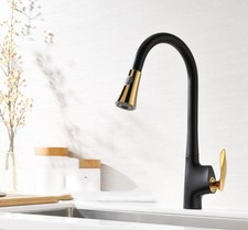 Black Gold Brass Kitchen Faucet Single Handle Pull Out Single Hole Swivel Water
