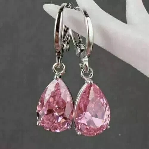 2Ct Pear Cut Pink Sapphire Lab-Created Drop Dangle Earring 14K White Gold Plated - Image 2 of 4