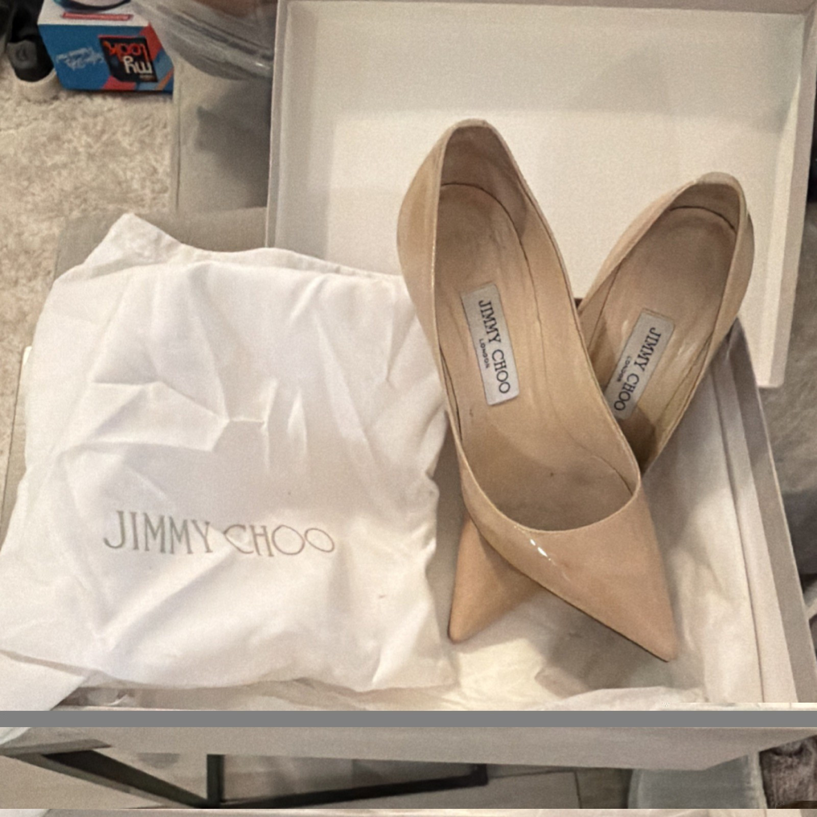 Jimmy Choo Patent Leather Nude Stiletto Pumps Pointed Toe Slip On Women's 37