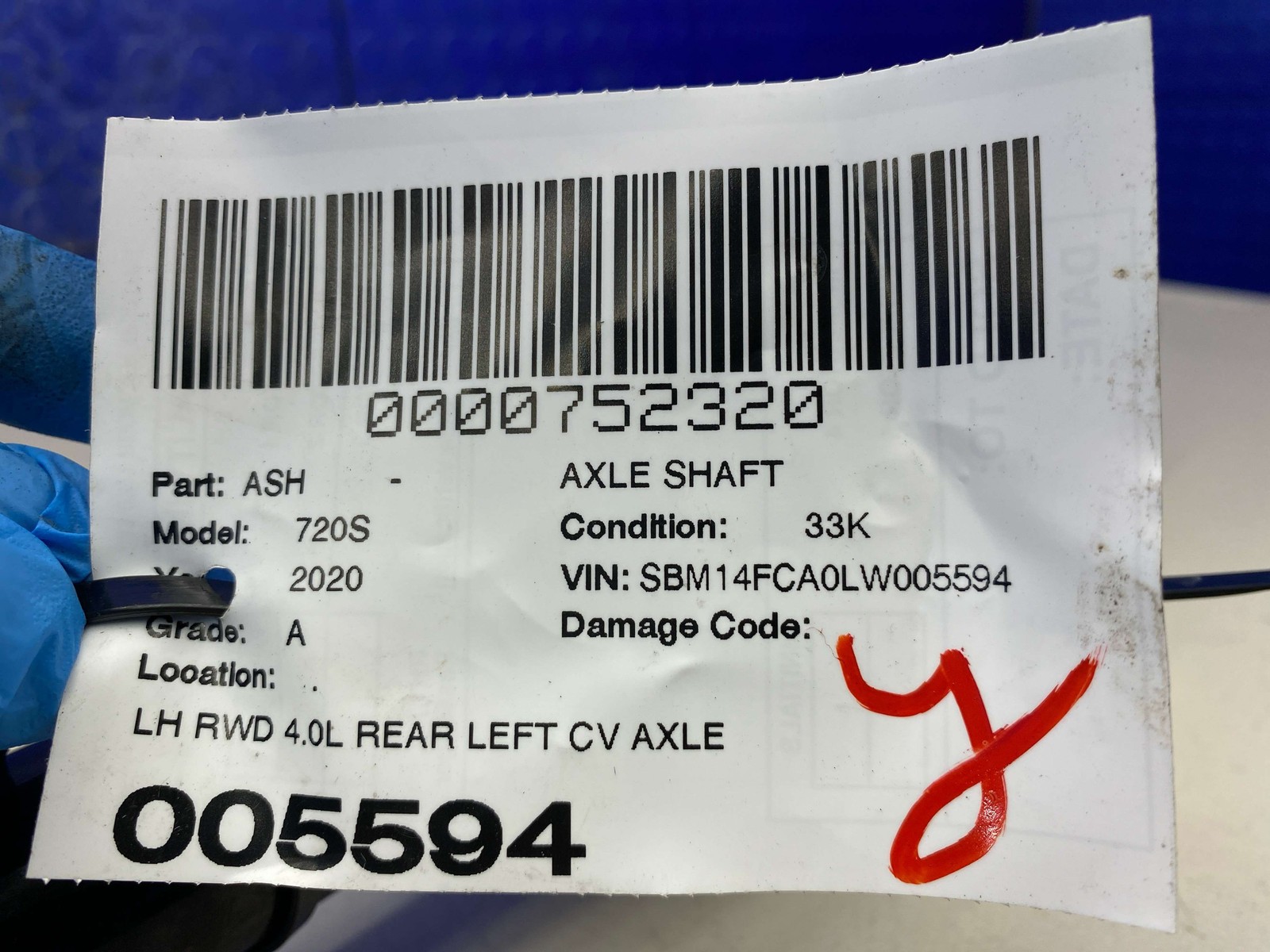 2018-2023 MCLAREN 720S OEM RWD 4.0L REAR LEFT CV AXLE SHAFT 11G0296CP