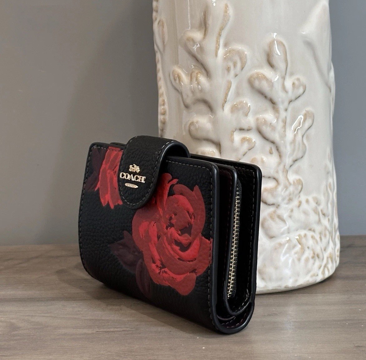 COACH CCL63 Medium Corner Zip Wallet With Floral Print Pebble