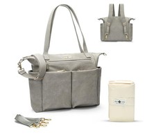 MISS FONG Gray Leather Baby Diaper Bag w/ Stroller Straps, Adjustable Strap, Pad