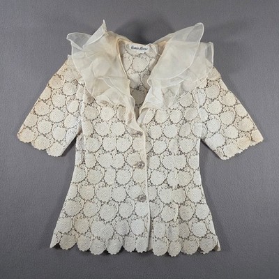 Vintage Neiman Marcus Top Womens 4 White Floral Lace Chiffon Ruffle Doily Jewel