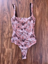 MEEK Floral Bodysuit Square Neck High Cut Thong Style Women  s