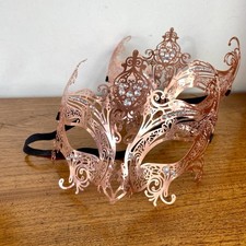 2 Metal Filigree Mask Masquerade Mardi Gras Copper-Tone Metal with Rhinestones