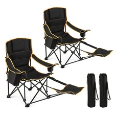 2PCS Folding Camping Chair w/ Footrest Adjustable Backrest Padded Cushion
