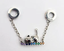 925 Sterling Silver Cat Charm Bracelet Safety Chain Pendant