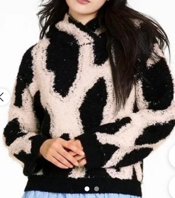 NWT Sandy Liang Leopard Print Black Cream Sherpa Hoodie Sweater Sweatshirt Sz S