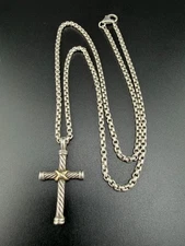 DAVID YURMAN STERLING SILVER 925 750 18K YG YELLOW GOLD CROSS BOX CHAIN NECKLACE