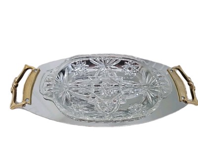 Kromex Rectangular Stainless Steel Serving Tray 14''  Holiday Chrome Gold Handles