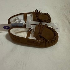 Cat Jack Toddler Brown Faux Suede Moccasin Slippers Faux Fur Lined Size 6