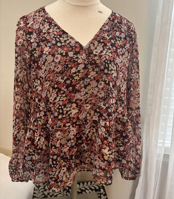 LOFT Burgundy Pink Floral Print V-Neck Long Sleeve Blouse 100% Polyester S