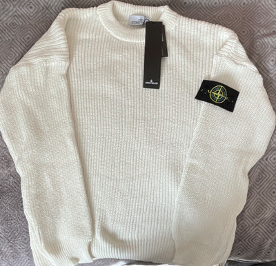Stone Island Herren Pullover weiß Baumwolle Grobstrick Logo Rundhals Größe M