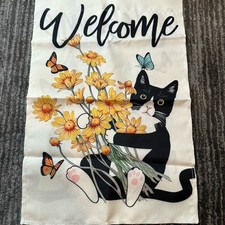 Garden Flag Cat Tuxedo Kitten Poly Double Sided Flowers Butterfly Cat Lady Gift