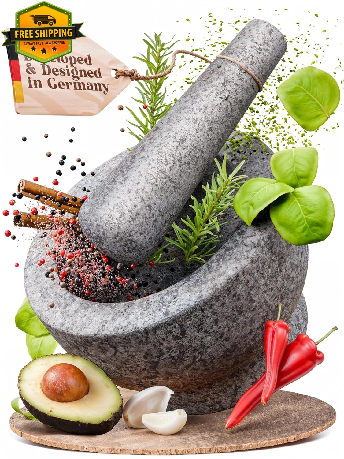ChefSofi Mortar Pestle Set 6 Inch Granite Unpolished 2 Cup Spice Grinder
