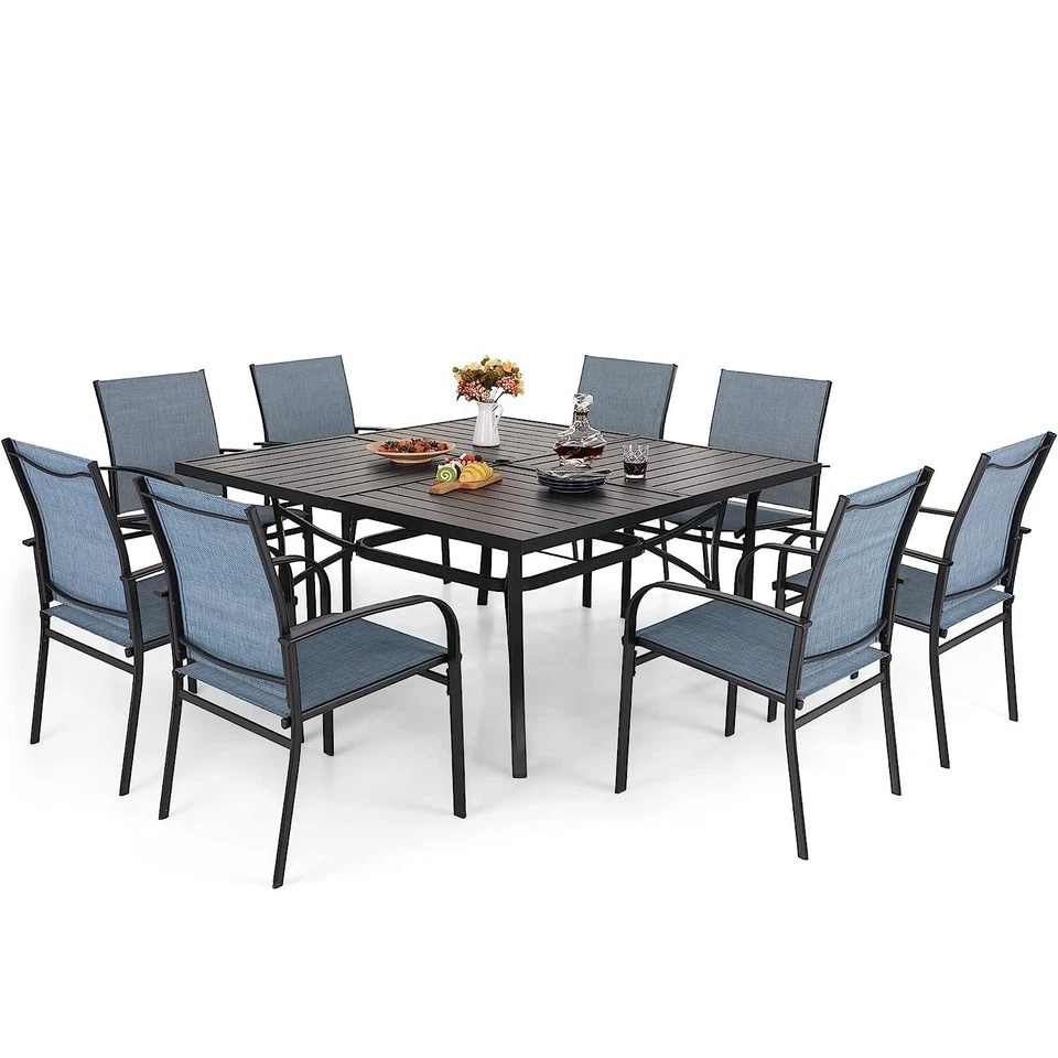 Juego de comedor de patio exterior de 9 piezas mesa cuadrada de 60" con orificio para sombrilla 8 sillas Foto 2 de 4