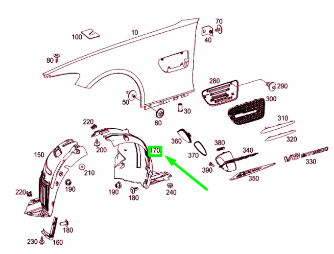 MB AMG GT C190 Front Left Wheel Housing Liner Rear Part A1906980303