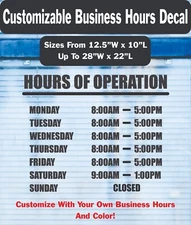 Business Hours Decal Customizable Hours And Colors + Custom Sizes Window/Door