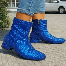 Women Ankle Boots Low Block Heels Booties Glitter Bling Side Zip Shoes Big Size