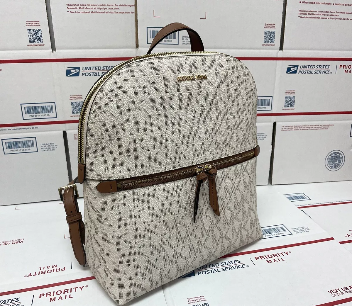 298 Michael Kors Vanilla Monogram DALLAS MD SLIM BACKPACK Designer MK Bag NEW