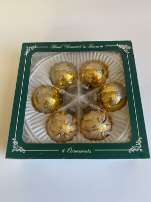 Vintage Heinze & Co Germany Set of 6 Yellow Gold Balls Christmas Ornaments Boxed