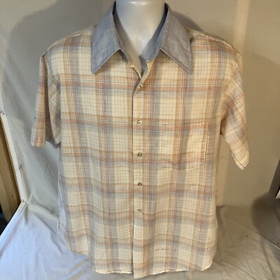 Vtg Sutton Collection Mens Shirt 16 16.5 Large Short Sleeve Pastel Plaid FS!