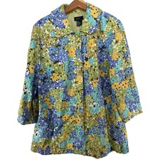 Rqt Womens Jacket Vtg Linen Blend Floral Ditzy Green Periwinkle Cottagecore Sz L