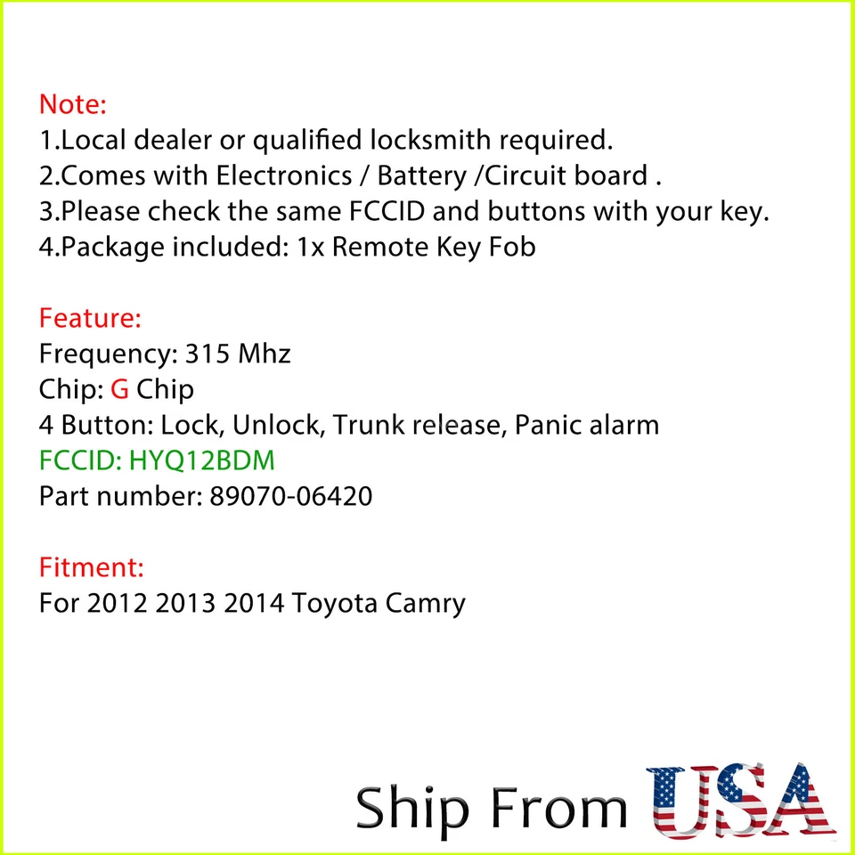 Llavero de coche remoto de entrada sin llave chip G para Toyota Camry HYQ12BDM 2012 2013 2014 Foto 2 de 4