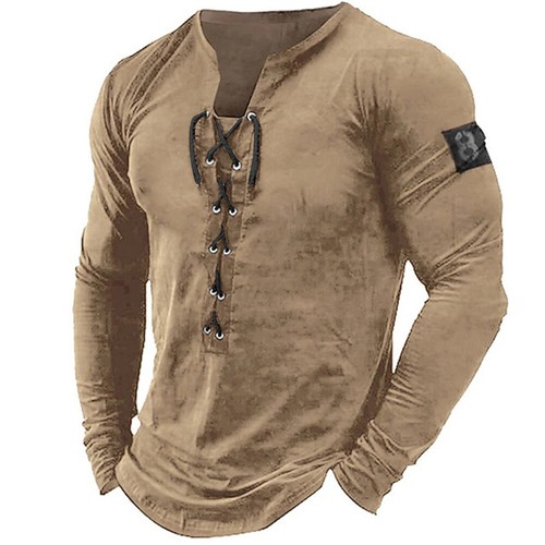 Mens Lace Up Long Sleeve T Shirt Tee Grandad Gym Fitness Muscle Fit Shirts Tops - Picture 17 of 19