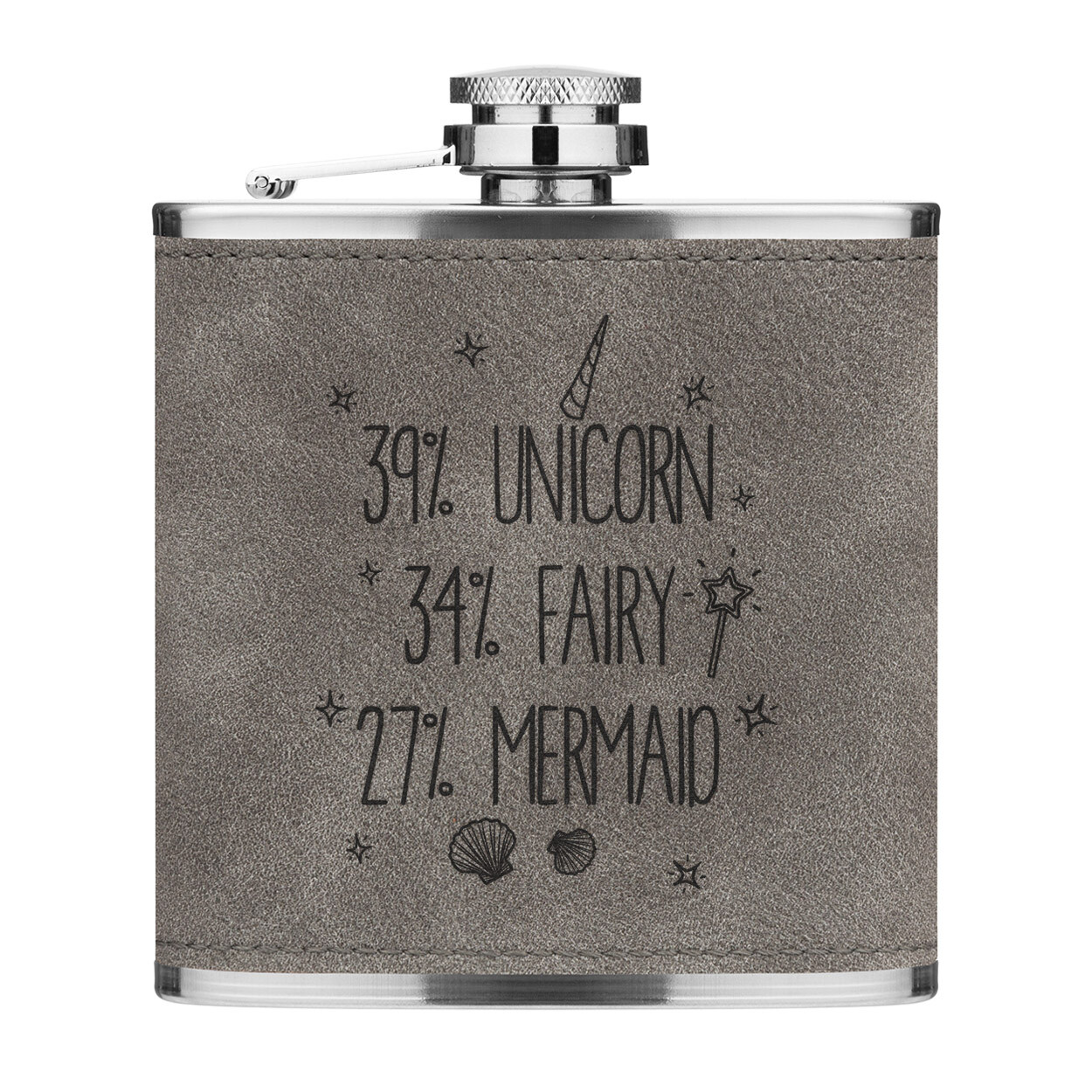 39% Unicorn 34% Fairy 27% Mermaid 6oz PU Leather Hip Flask Grey Funny