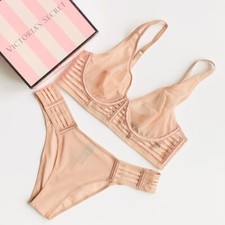 32C SMALL Victoria  s Secret beige nude plunge mesh bra set cheekini panties