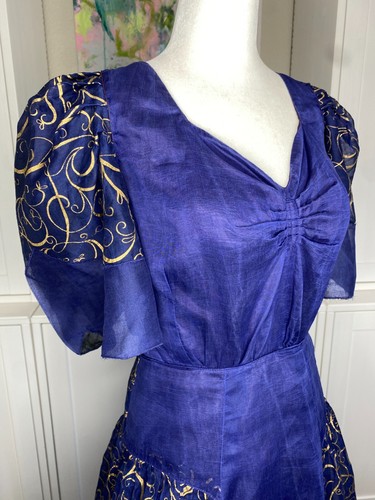 1980s Handmade Prom Dress Large Blue Gold Stars Lined Poofy Sleeves Sweetheart - Picture 4 of 18