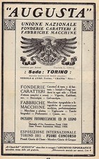 PUBBLICITA' 1912 AUGUSTA TORINO FONDERIA CARATTERI MACCHINE INCISIONI TIPOGRAFIA