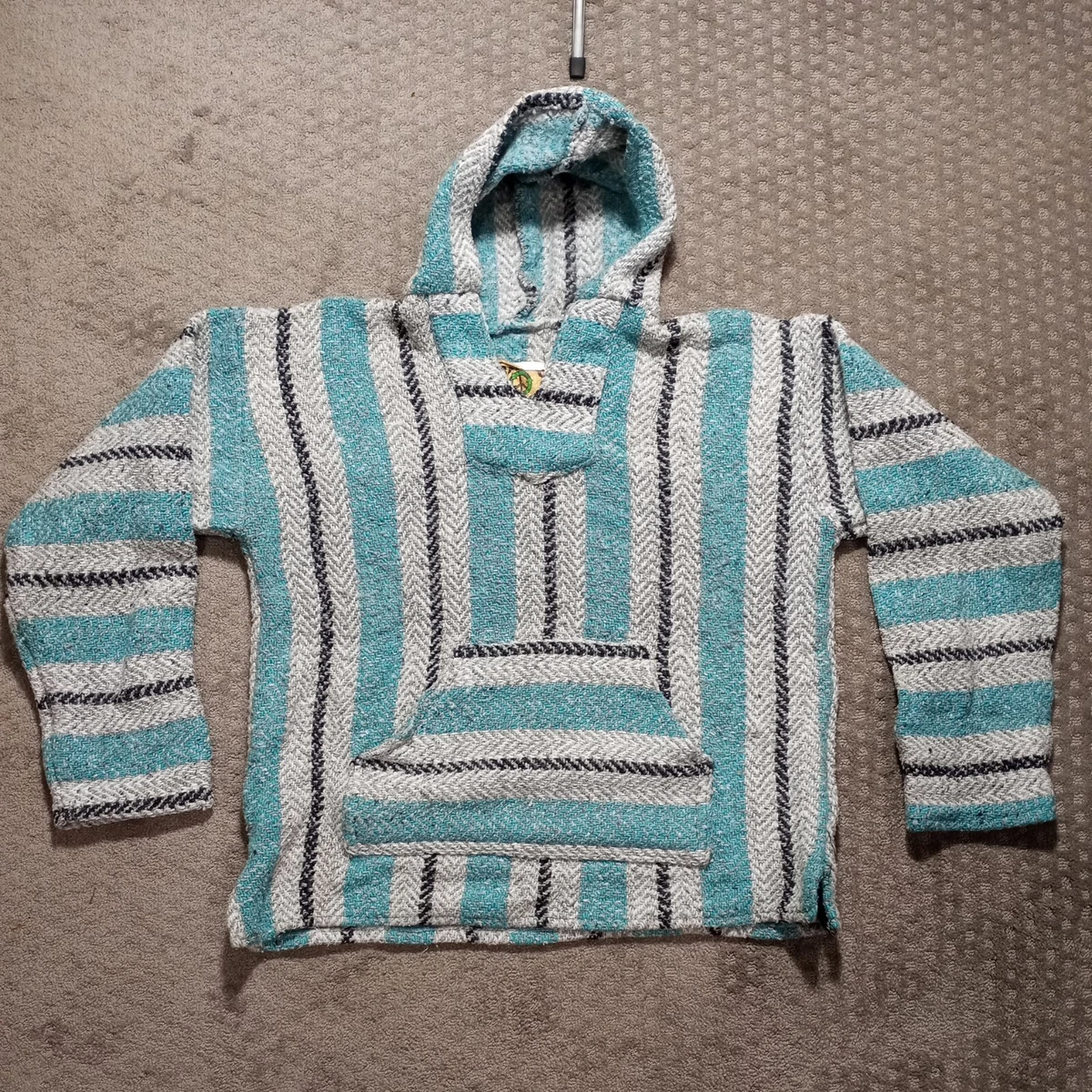 Baja Joe Womens 90s Drug Rug Hoodie Mexican Hippie Size XL Blue Gray White Black
