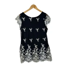 Charter Club Riviera Sunset Floral Pintuck Blouse size Large Black/White