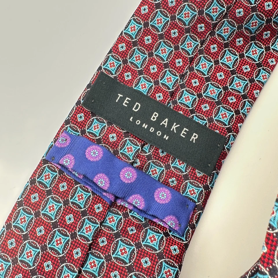 Ted Baker Silk Tie Red Blue Geometric Floral Wedding Formal Church Office Luxury - Image 4 of 4