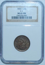 1853 NGC MS61BN Braided Hair Half Cent