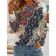Women  s Floral Tunic Blouse   Long Sleeve Casual Round Neck Shirt