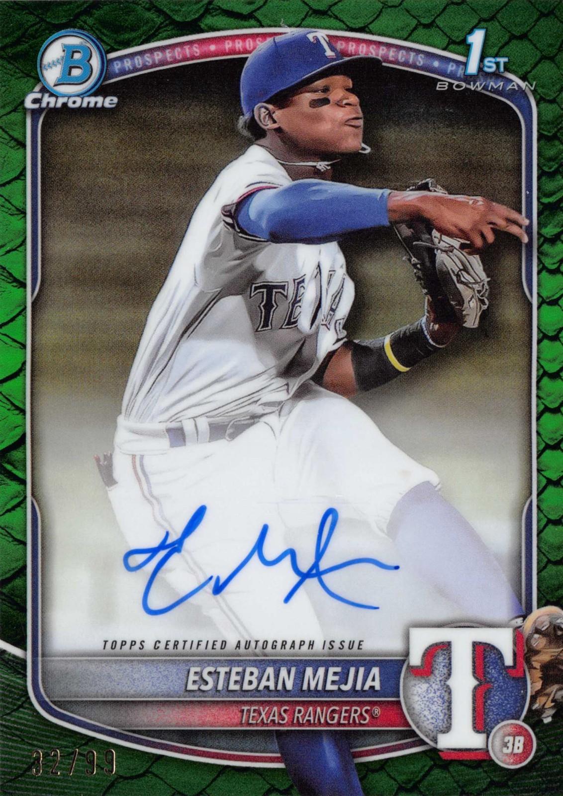 Esteban Mejia 2025 Texas Rangers Bowman Chrome Reptilian Green Auto- #CPA-EM /99