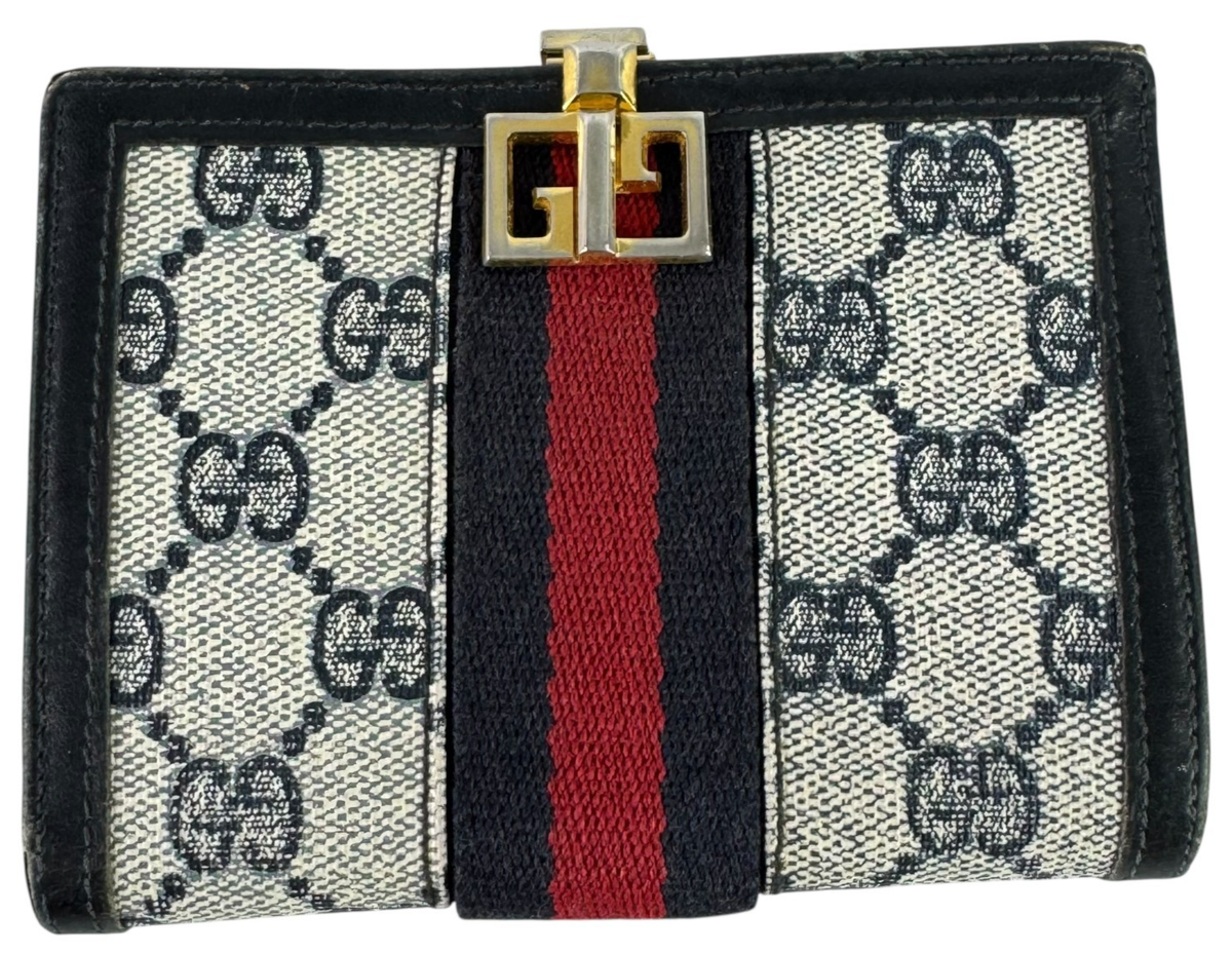 Gucci財布 70's GUCCI Sherry Line Signature GG Navy Blue Canvas Leather