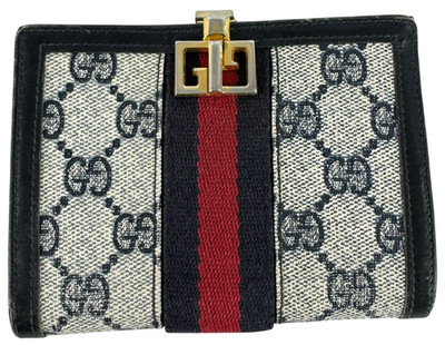 70's GUCCI Sherry Line Signature GG Navy Blue Canvas Leather