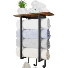 Towel Racks for Bathroom Wall Mounted, Towel Holder with Wooden Shelf and 3 H...