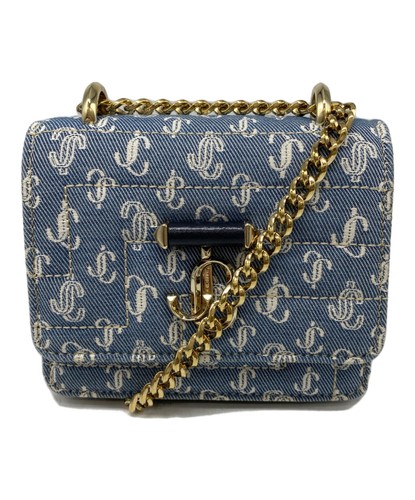Jimmy Choo Authentic Monogram Denim Chain Crossbody Bag Gold Hardware Small