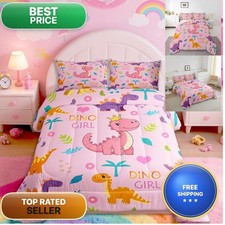 Meiyoeat Pink Dinosaur Comforter Set Twin Size Kids Girls Jungle Dino Bedding