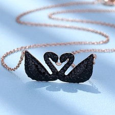 Swarovski Double Swan Love Necklace Black Crystal Heart Pendant Luxury Women