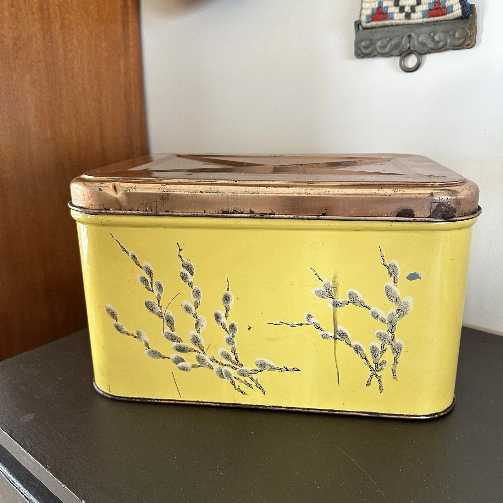 VTG Tin Bread Box Colorware Yellow Copper Clover Pussy Willow Cottagecore 13”