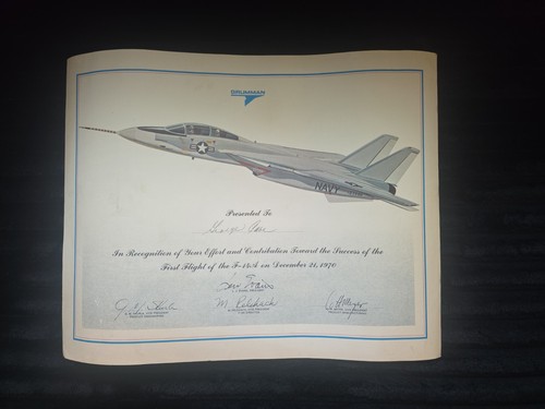 F14 Tomcat MAIDEN FLIGHT AWARD CERTIFICATE RARE Original Hand Signed